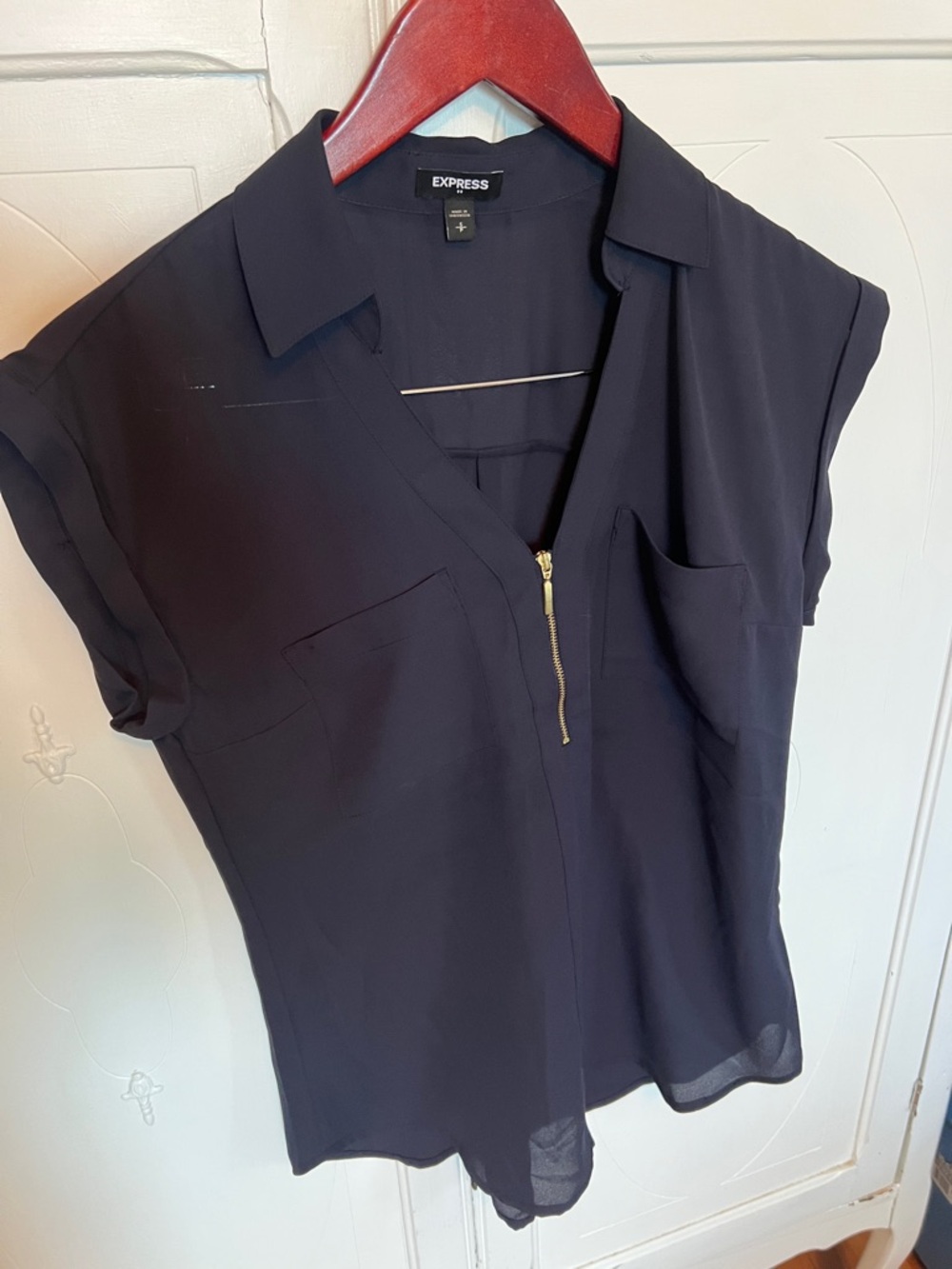 2/$7 Express Short-Sleeve Zip Front Collared Top in Navy blue